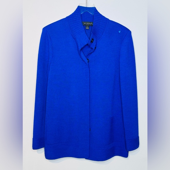 St. John Royal Blue Knit Concealed Button Cardigan Jacket - Picture 12 of 12